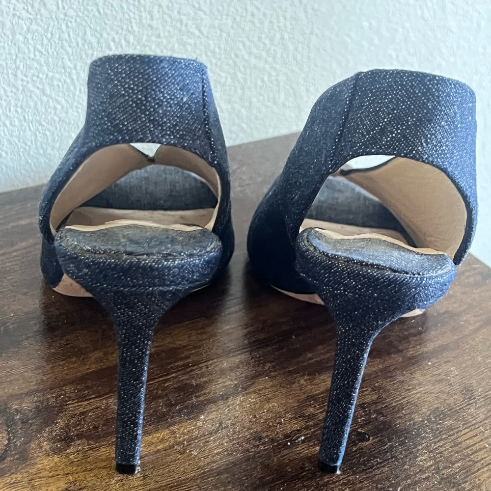 Jimmy Choo Denim Peep-Toe Wedge Slingbacks in Dark Blue - Picture 3 of 7